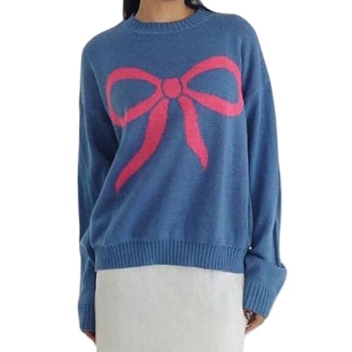 Image of Women Cute Bow Knit Sweater Y2k Long Sleeve Crew Neck Knitted Pullover Top Oversized Going Out Fall Winter Knitwear