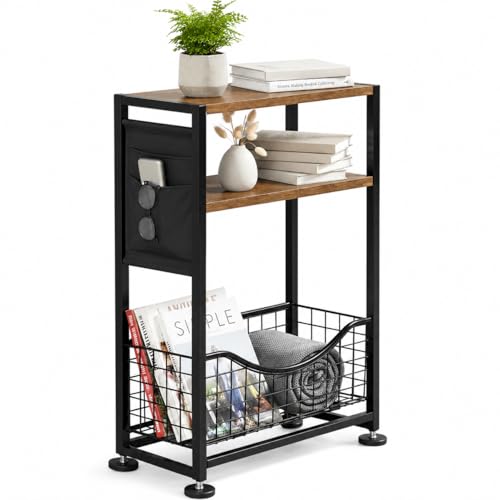 ZEXVIDA Skinny Side Table with Storage, 3 Tier Slim Side Tables for Small Spaces, Skinny End Table...