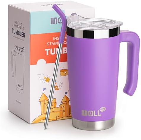 Mollcity Insulated Coffee Mug with Lid and Handle 20 oz Stainless Steel Double Wall Vacuum Travel Coffee Tumbler Cup with Straw for Kids and Women (Purple)
