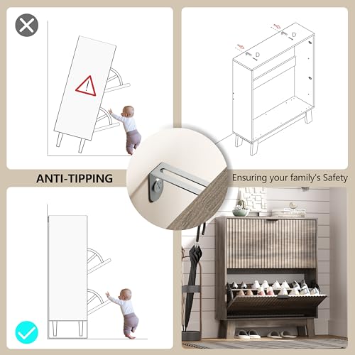 Image of HUANLEGO Shoe Cabinet Storage for Entryway with 2 Flip Drawers, Fluted Narrow Shoe Organizer with Wooden Legs, Freestanding Slim Shoe Storage Hidden Shoe Rack Organizer for Front Door Entrance, Grey
