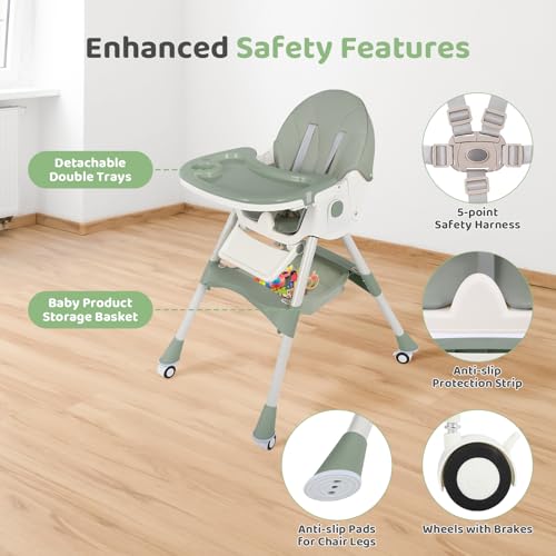 Image of 6 in 1 High Chair for Babies and Toddlers Portable Folding Baby Feeding Chair with Wheels and Footrest,Adjustable Height and Backrest Multi-Functional Highchair for Home and Travel