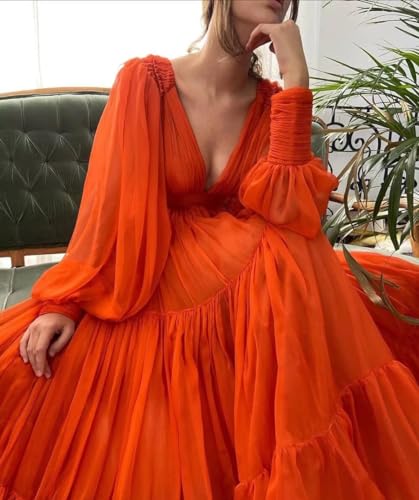 Long Sleeve Tulle Prom Dresses V Neck Puffy Formal Evening Party Gown for Women Princess Wedding Dress3
