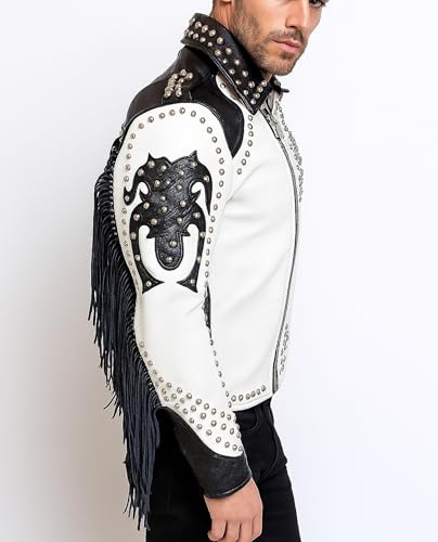 Men’s Tribal Gothic Punk Rock Studded Leather Biker Jacket with Fringes2