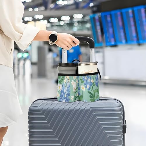 Image of Luggage Cup Holder for Suitcases Free Hands Suitcase Cup Holder Travel Luggage Drink Holder Portable Luggage Cup Caddy Bag Carrier with Handle Mint Green Bluebonnet and Daisies