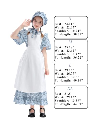 Vestido colonial floral para niñas con delantal y sombrero miniatura 7