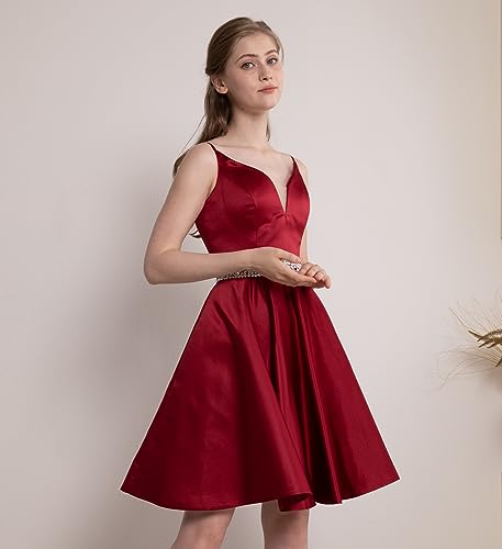 Satin Homecoming Dresses 2025 Spaghetti Straps Short Prom Dresses V-Neck Beaded Evening Formal Party Gowns4