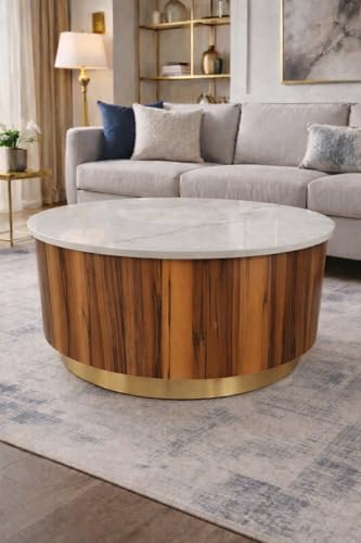 Image of WOODEN SPACE Round Marble-Top Wooden Center Table for Living Room | Modern Entryway Furniture | Coffee Table - 30X30X18 Inch (Natural Teak Wood Finish)