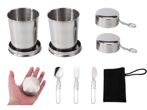 Anlising Taza Plegable de Acero Inoxidable, 2PCS Taza de Viaje Plegable con Llavero, 150ML Tazas Plegable Retráctil, taza de Agua Plegable, Copa Telescópico, para Viajes, Picnics, Senderismo