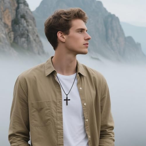 Cross Necklace for Men -Stainless Steel & Wood Adjustable Box Chain 24-26in, Spiritual Jewelry Gift for Him, Everyday Wear2