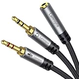 Headphone Splitter for Computer,3.5mm TRRS Female to 2 Dual 3.5mm TRS Male Mic Audio Jack Y Splitter Cable, 1/8inch 2-in-1 Dual-Stereo Jack Gaming Headset Earphones Combiner Cable for PC Laptop-1Feet