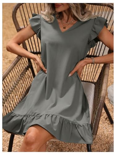 Image of SOLY HUX Summer Dresses for Women V Neck Cap Sleeve Ruffle Hem Smock Short Dress Plain Grey X-Small