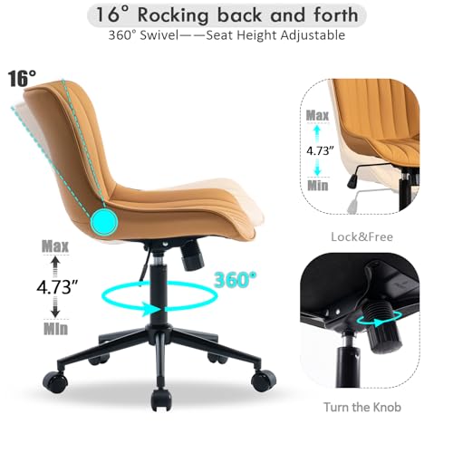 Image of YOUNIKE Office Desk Chair with Wheels Armless Vanity Chair Modern Tan | Faux Leather Upholstered with Rocking Back, Swivel Height Adjustable Small Cute Computer Rolling Task Chair Ergonomic 300lb