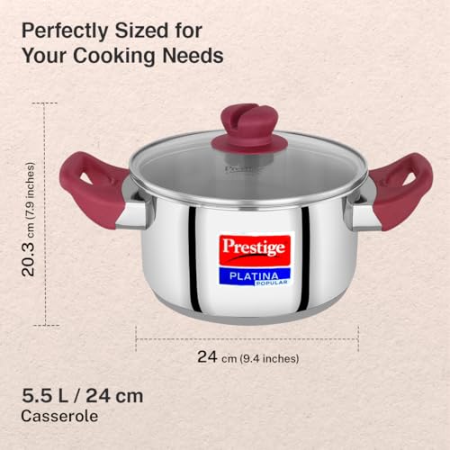 Image of Prestige Platina Popular Stainless Steel Gas and Induction Compatible Casserole with Glass Lid, 240 mm, 5.5 Litre