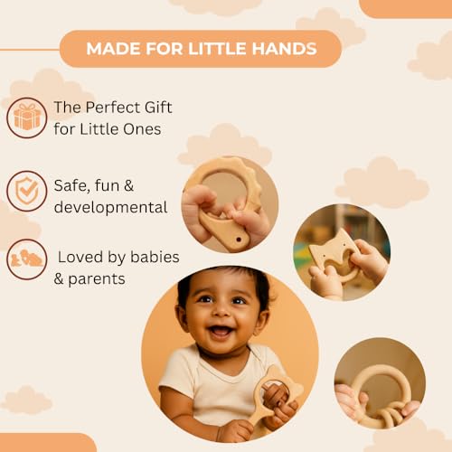 Image of Babbles Neem Wood Teethers for Babies | Wooden Teethers for 6 to 12 Months Baby | Natural and Antibacteria (Cat+Hedgehog+Micky Head+Ring)