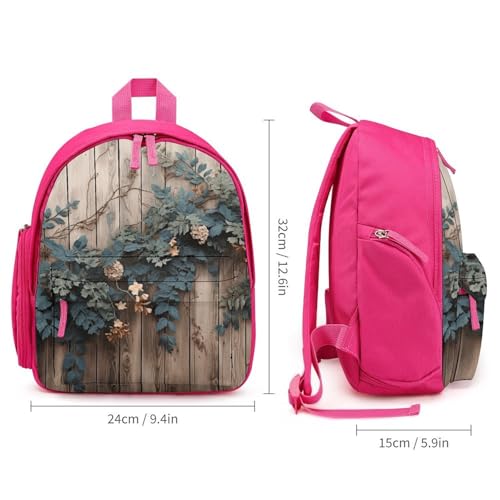 Leaves Floral on Rustic Wood Backpack Small Book Bag with Side Pocket, Lightweight Durable Backpack, Travel Rucksack, Pink-style2