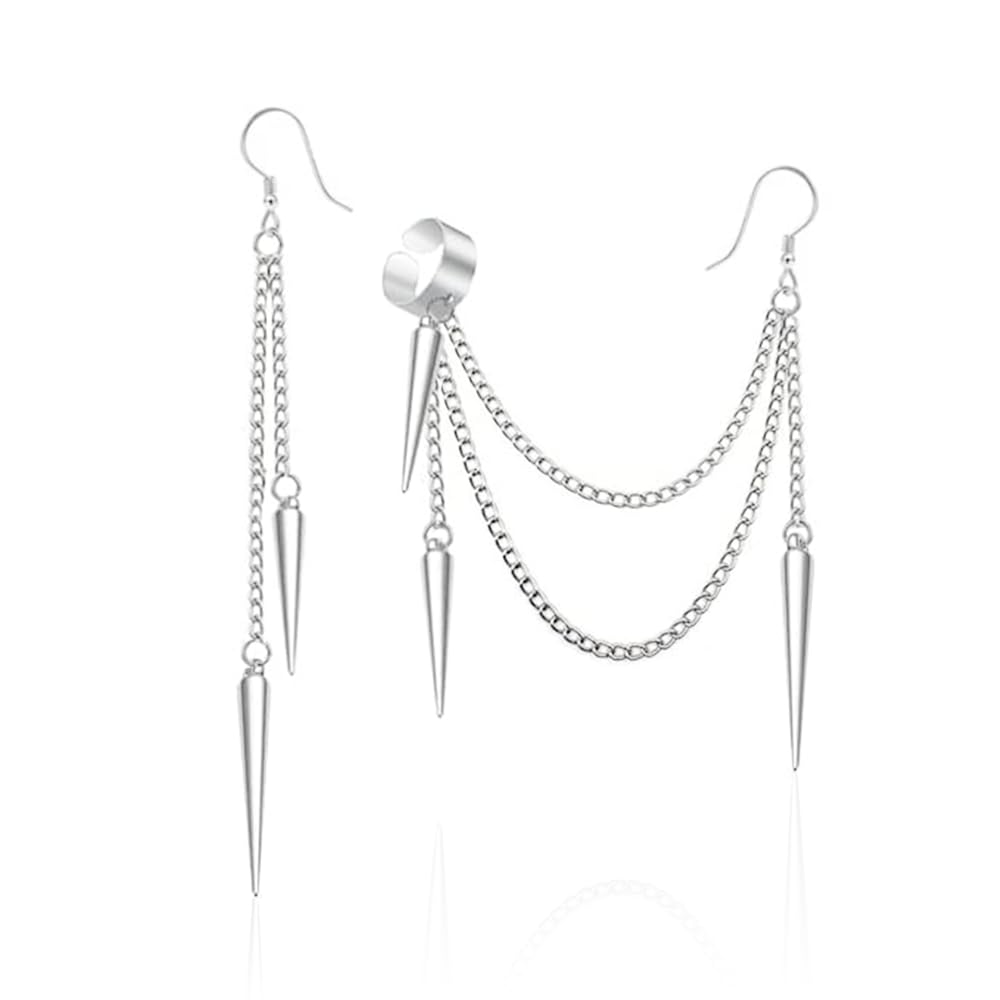 Silver Spike Asymmetric Threader Earrings Punk Spike Long Tassel Chain Ear Cuff Crawler Climer Dangle Drop Earrings for Women Men Hypoallergenic Wedding Party Hip-Hop Music Festival Jewelry