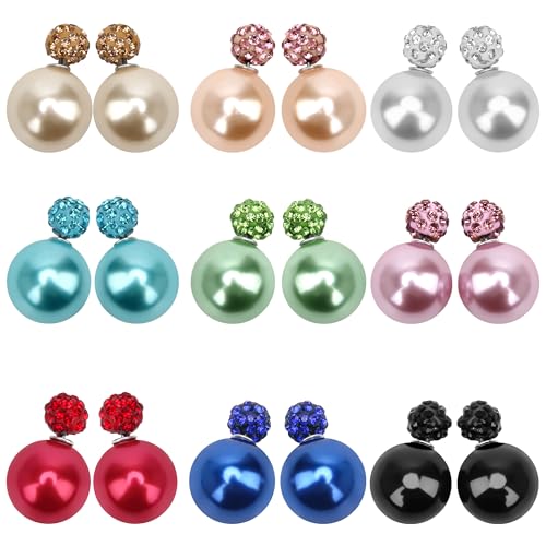 Zhichengbosi 9 paia di orecchini a doppia sfera in pasta polimerica con strass e perla, a doppia sfera, orecchini gioiello