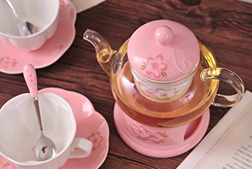Tee-Set für 2 Personen, Knochenporzellan, Teekanne, Tasse und Untertasse, Set mit Stövchen und Tee-Ei, Kirschblüten-Design (Glas-Teekanne)