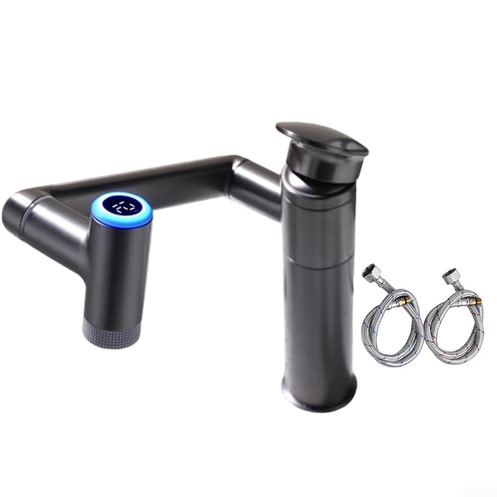 1080° Rotating Washbasin Tap with LED Temperature Display, Dual Mode Sprayer, Brass Basin Faucet for Bathroom Sink, Height Adjustable, Black(Gray)
