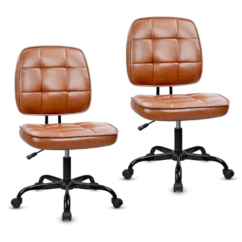 Image of CLATINA Home Office Chair No Arms with Wheels, Armless Small Leather Ergonomic Low Back Desk Chairs Adjustable Height 360 Swivel Rolling Computer Task Chair for Work Conference Room, Brown, 2 Pack