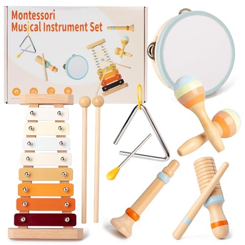 11 Pcs Juguetes Instrumentos Musicales Madera, Juguetes de Madera para Bebes Xilófono Tambor, Percusión Musicales Madera Set para Infantil, Instrumentos Musicales Infantiles para Niños Pequeños de 3+