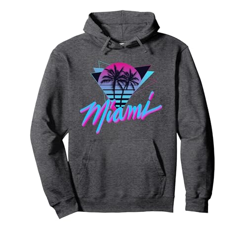 Miami - Palm Trees - Vaperwave Synthwave 80s Style Retro Pullover Hoodie, Adult Unisex, Dark Heather Grey, XX-Large