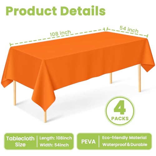Image of Mulbozy 4 Pcs Orange Plastic Table Cloth Disposable, 54 x108 Inch