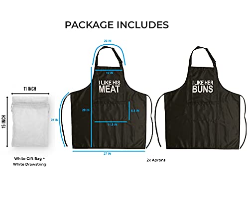 Funny Couple Aprons (2 Pack) & Gift Bag - I Like Her Buns, I Like His Meat, Kitchen Couple Apron For Girlfriend, Boyfriend, Best Friend - Birthday, Engagement, Anniversary, Wedding Gift Idea - Forkit #TOP5