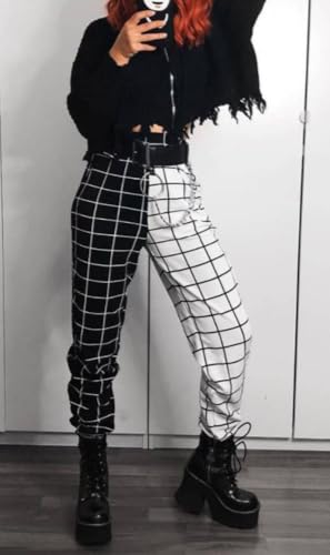 Women's Casual Mid-Rise Plaid Wide Leg Lounge Long Pant Loose Classic Color Block Print Elastic Waist Pants2