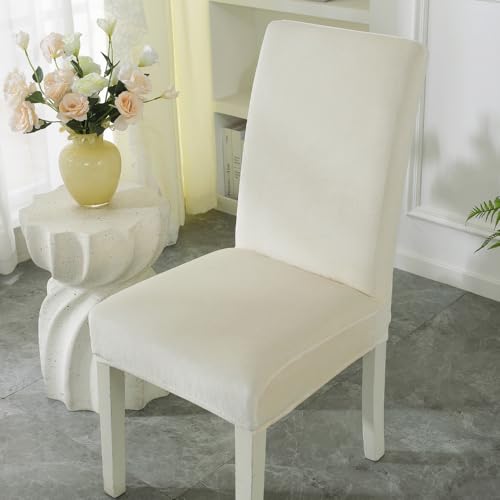 Kioscr Velvet Dining Chair Covers Stretch Chair Covers for Dining Room Set of 4 Parson Chair Slipcovers Chair Protectors Covers Dining, Soft Thick Solid Velvet Fabric Washable (Beige, 4 Pcs)