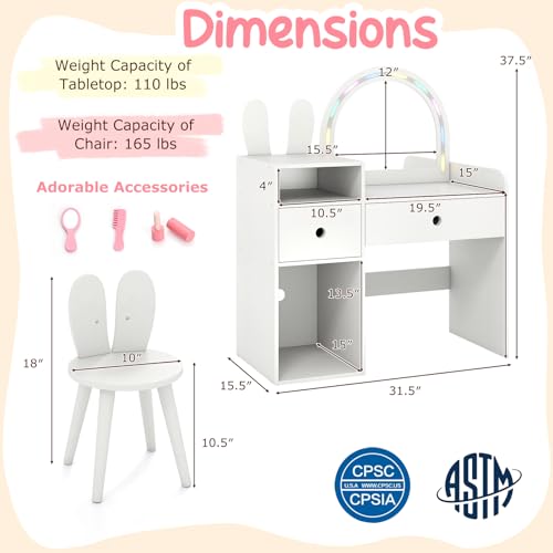 Image of Costzon Kids Vanity, Girls Vanity Set with Mirror and Stool and Lights, Drawers & Storage Compartments, Toddler Makeup Vanity Desk Dressing Table, Wooden Kids Vanity Table and Chair Set (White)