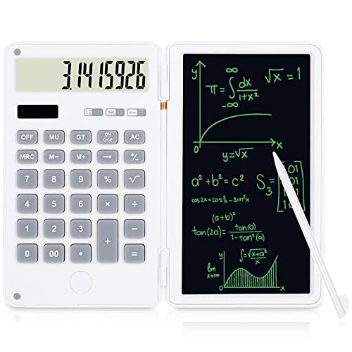 SISYS Calculator with 6 Inch Erasable Writing Tablet, 12-Digit Calculator School Desk Calculator Solar Battery Dual Powered, Portable Basic Calculator Notepad for Home Office School, White