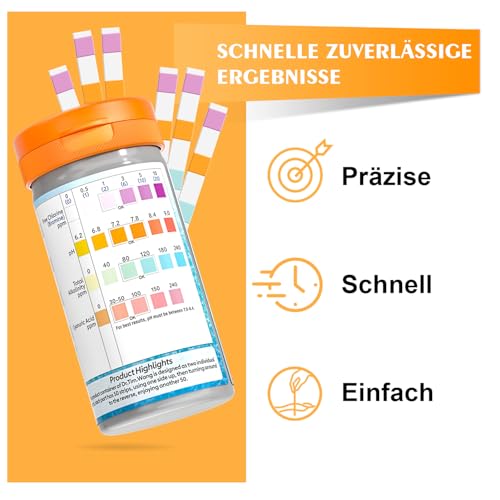 Pool Teststreifen pH Teststreifen 4-in-1 für Whirlpool Schwimmbad & Spa - Misst pH, Freies Chlor, Brom, Gesamtalkalinität und Cyanursäure (100 Stück) - Schnelle Wasseranalyse