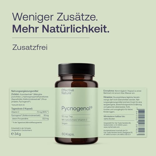 Pinienrindenextrakt hochdosiert - Original Pycnogenol - mit Vitamin C aus der Acerolakirsche - 60 vegane Kapseln - Reicht für zwei Monate - Vegan