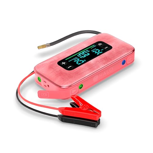 Halo Bolt Ultimate 3 Portable Car Battery Jump Starter | 130 PSI Air Compressor, 55.5Wh USB Power Bank, Large Display, Emergency Floodlight & Charger, Jumps Cars SUVs & Trucks, Inflates Tires — Pink