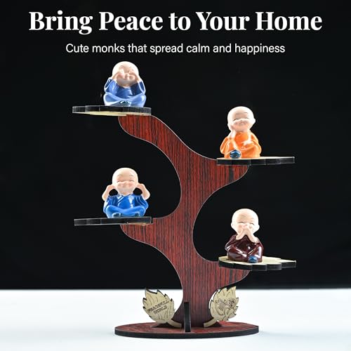 Image of HindCraft Decorative Buddha Monk Figurines Set of 4 with Tree and Wooden Base | Baby Monks for Meditation & Calm Home Decor
