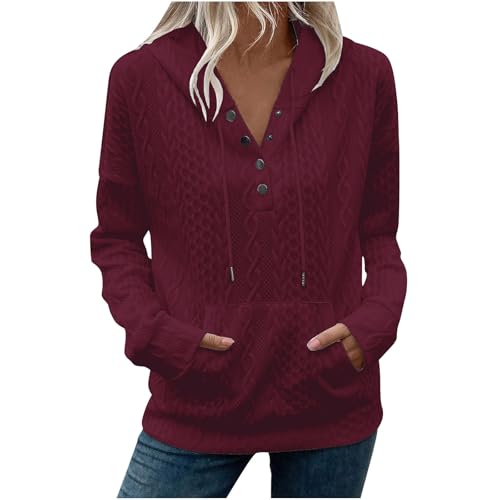 Womens Fall Trendy Hoodies Hooded Sweatshirt Casual Long Sleeve Crewneck Button Up Pullover Solid Color Pleated Tops Wine Medium