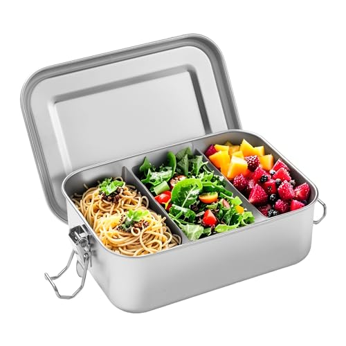 BUCOMTU Brotdose Edelstahl 850ml Lunchbox Brotdose Auslaufsicher Brotdosen Metall mit 2 Fächern bento box, Vesperdose, Pausenbrot Umweltfreundlich & BPA-frei für Erwachsene & Kinder