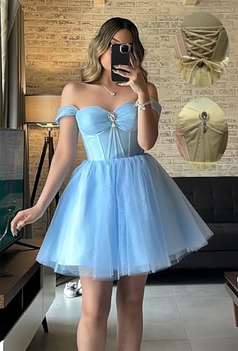XYAYE Sparkly Tulle Homecoming Dresses Off Shoulder Short Prom Dresses for Teens Puffy Sweetheart A Line Cocktail Dress2