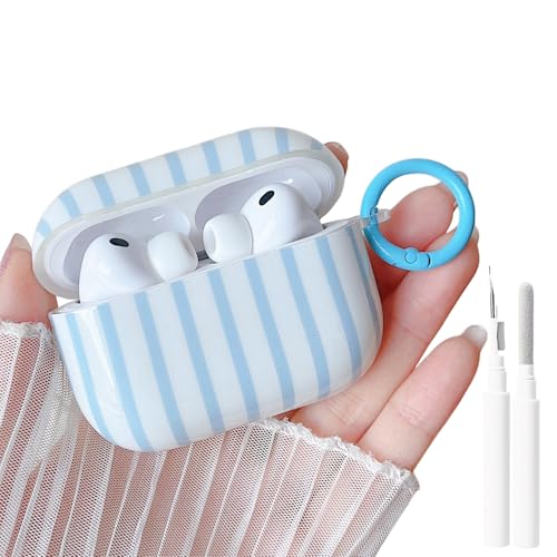 Image of MINSCOSE for AirPods Pro 3rd Generation Case (2025),Cute Striped Aesthetic Pattern Design with Girly Keychain Ring,Soft TPU Protective Shockproof Cover with Cleaner Kit for Airpods Pro 3-Blue