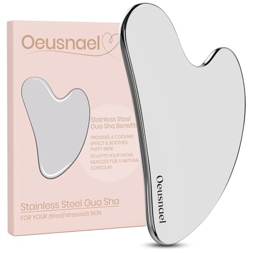 Oeusnael Stainless Steel Gua Sha Facial Tools, Lymphatic Drainage Massager for Face Sculpting, Chin & Jawline Shaper, Metal Guasha Tool for Body Eyes Neck, Self Skin Care Gift for Women Men with Pouch