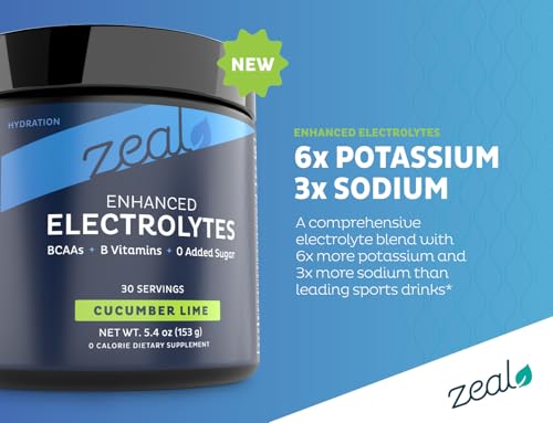 Image of Zeal Electrolyte Powder - 30 Servings | Keto Electrolytes Powder | Zero Sugar, BCAAs, B-Vitamins | Potassium, Zinc, Magnesium | Hydration Powder Recovery Drink | Cucumber Lime