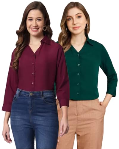 FUNDAY FASHION Women Regular Fit Solid V Collered Casual Shirt (Pack of 2) (Large, Wine & Bottle Green)
