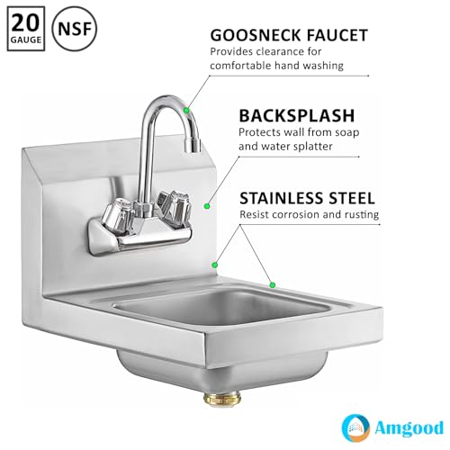 Image of AmGood Stainless Steel Wall Mount Hand Sink 12 inch x 12 inch | NSF Commercial Hand Washing Basin with Faucet For Restaurant, Kitchen and Home | Bowl Size: 8 inch x 10 inch