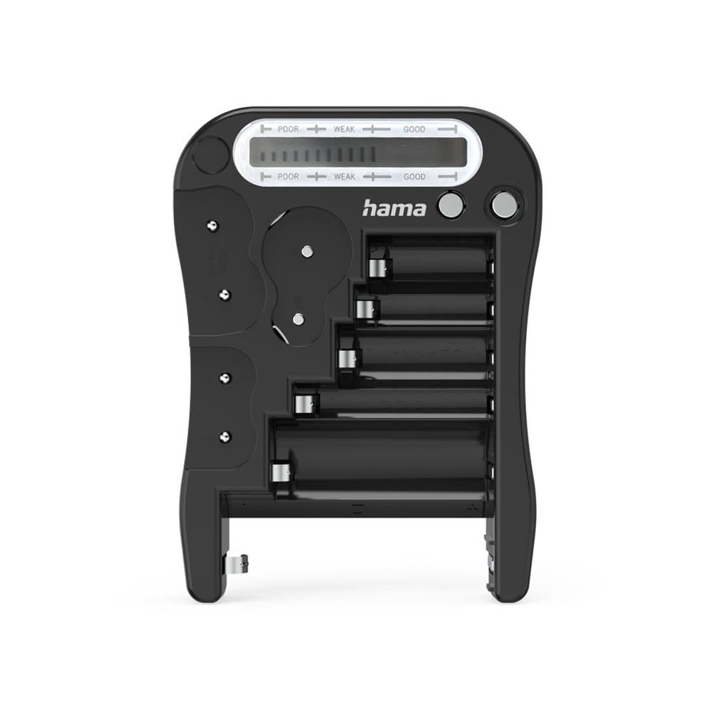 Hama Misuratore di batterie ricaricabili - Misuratore universale compatto per Accu, batteria a bottone, AA/AAA/C/D/N/E/CR123A/CR2/CR-V3/1,5V/3V/2CR5/CR P2, display LCD rapido - nero
