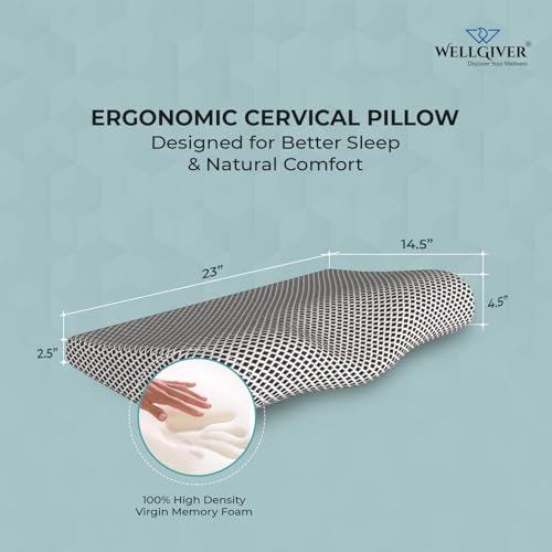Image of Wellgiver Cervical Memory Foam Pillow for Neck Pain | 2 Year Warranty | 23 x 14.5 x 4.5 Inch King | Orthopedic Pillow Spondylitis Neck Shoulder Pain | Washable Jacquard Midnight Blue Cover | Pack of 1