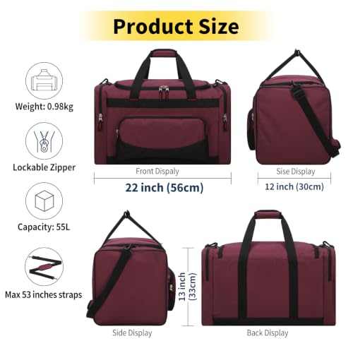 Image of 55L Gym Bag Sport Duffle Bag for Men, Maroon | Spacious, Multi Pockets, 22 inch, Weekender, Travel