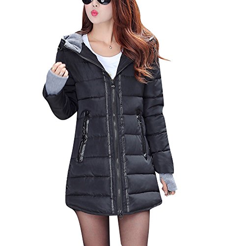 Abrigo de Invierno Cremallera Acolchado Chaqueta Largo con Capucha de Manga Larga para Mujer S Negro Cover