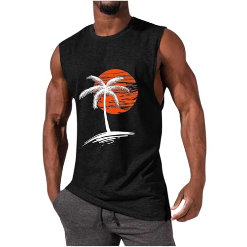 Image of Mens Tank Tops Summer Beach Vacation Sleeveless Shirts Hawaiian Palm Tree Print Soft Tops