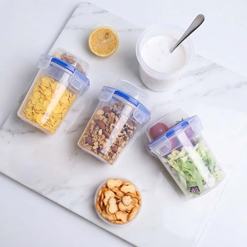 Image of Basicwise 480ml Airtight Cereal Storage Container with Separate Topping Cup Leak-Resistant Clip-Lock Lid Stackable Snack & Yogurt Cup for On-the-Go Breakfast Travel School Office & Daily Use, Set of 2